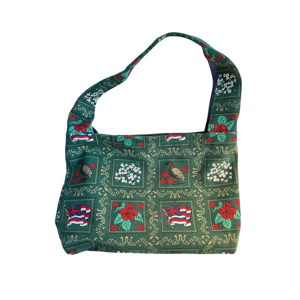 Reyn Spooner Hawaiian Traditionals State‎ Flag Bird Flower Canvas Bag Green